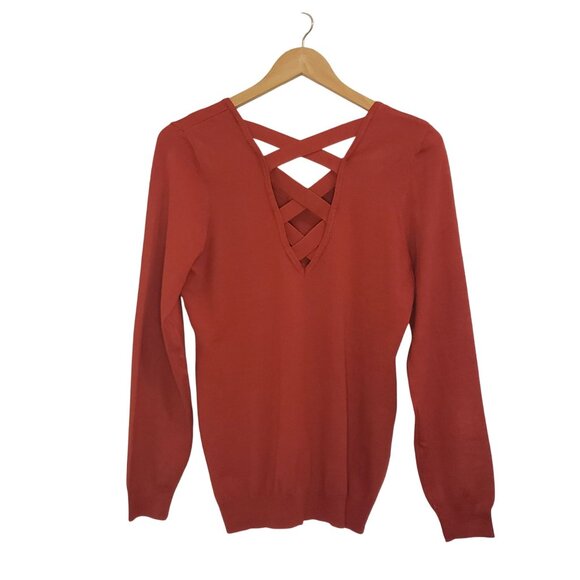 Love Ellie Womens Size Medium Criss Cross Back V-Neck Sweater Fall Rust Knit Top - Picture 2 of 11